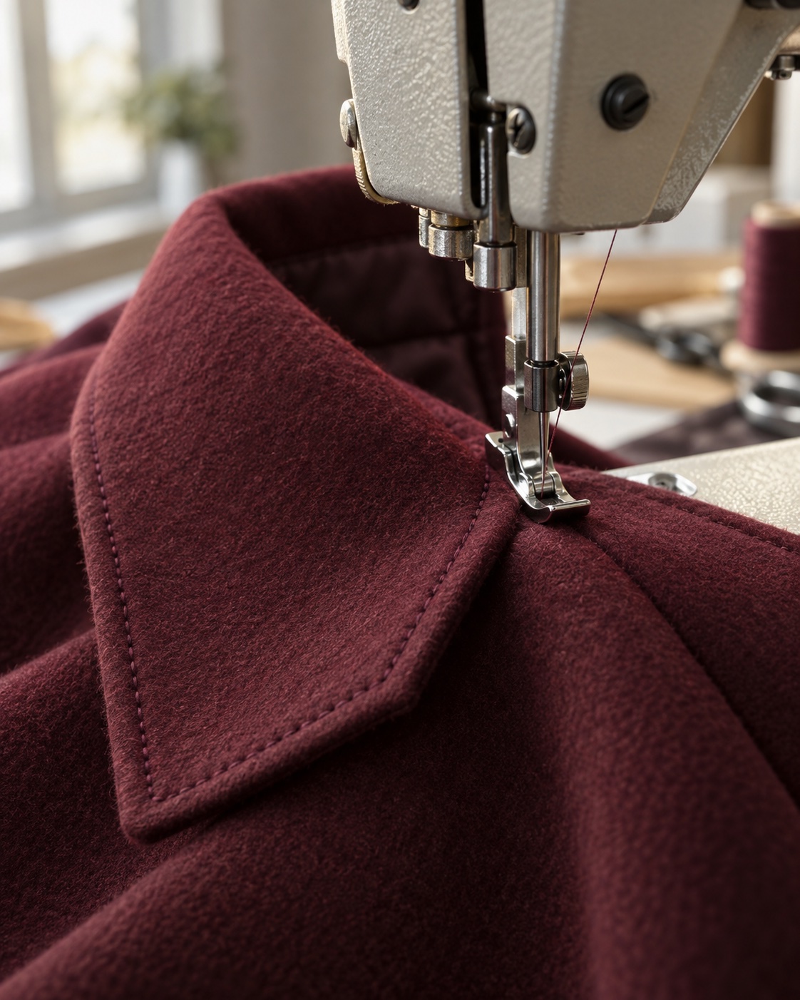 Conceptual close-up of stitching on a burgundy wool coat collar